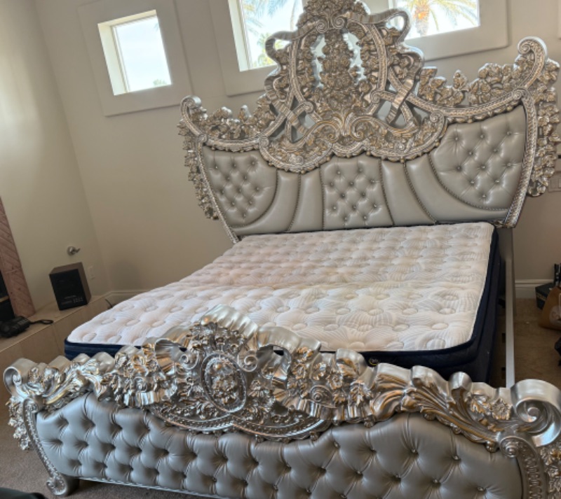 Photo 1 of ACME FURNITURE VALKYRIE SANDOVAL EASTERN ANTIQUE PLATINUM FAUX LEATHER, BUTTON TUFTED KING BED  L103” W 95” H88" (LIFT MATTRESS NOT INCLUDED, SOLD SEPARATELY)