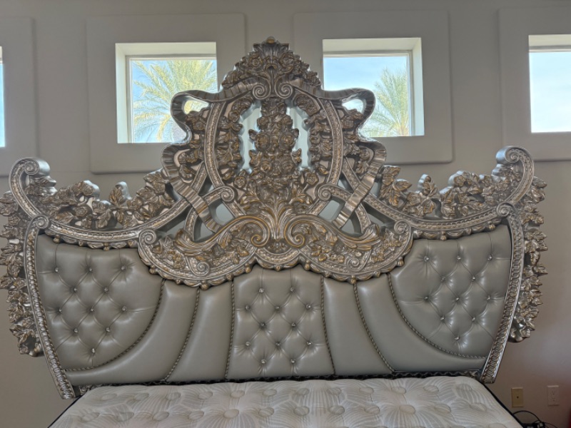 Photo 1 of ACME FURNITURE VALKYRIE SANDOVAL EASTERN ANTIQUE PLATINUM FAUX LEATHER, BUTTON TUFTED KING BED  L103” W 95” H88" (LIFT MATTRESS NOT INCLUDED, SOLD SEPARATELY)