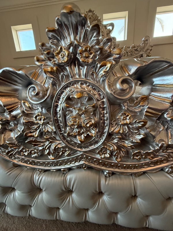 Photo 1 of ACME FURNITURE VALKYRIE SANDOVAL EASTERN ANTIQUE PLATINUM FAUX LEATHER, BUTTON TUFTED KING BED  L103” W 95” H88" (LIFT MATTRESS NOT INCLUDED, SOLD SEPARATELY)