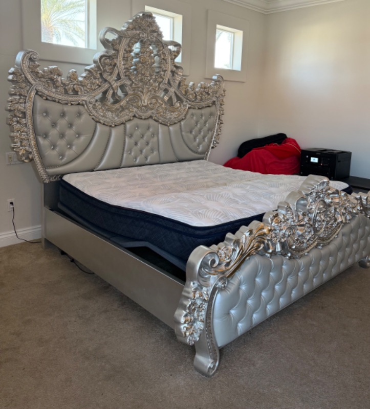 Photo 1 of ACME FURNITURE VALKYRIE SANDOVAL EASTERN ANTIQUE PLATINUM FAUX LEATHER, BUTTON TUFTED KING BED  L103” W 95” H88" (LIFT MATTRESS NOT INCLUDED, SOLD SEPARATELY)