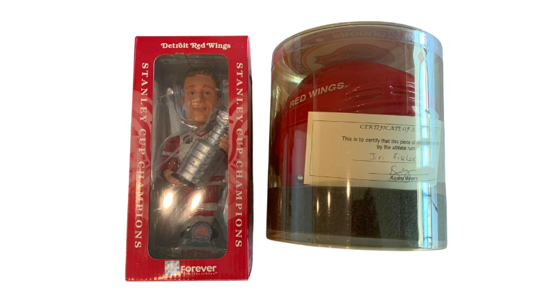 Photo 1 of NHL DETROIT RED WINGS JIRI FISCHER SIGNED MINI- HELMET AND STANLEY CUP BOBBLE HEAD