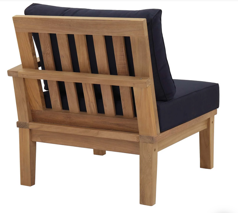 Photo 1 of MARINA OUTDOOR PATIO TEAK LEFT-FACING SOFA WITH GREEN CUSHIONS, PICTURE SHOWS REVERSE STYLE OF CHAIR AND DIFFERENT COLOR CUSHION.
