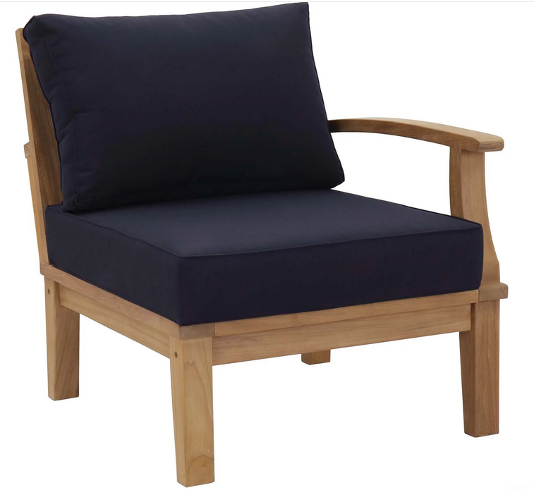 Photo 1 of MARINA OUTDOOR PATIO TEAK LEFT-FACING SOFA WITH GREEN CUSHIONS, PICTURE SHOWS REVERSE STYLE OF CHAIR AND DIFFERENT COLOR CUSHION.