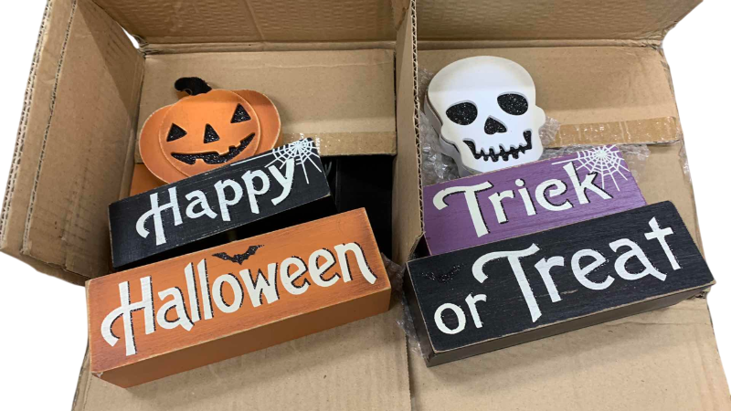 Photo 1 of BOX OF 8-WOOD BLOCK HALLOWEEN DECORATIONS