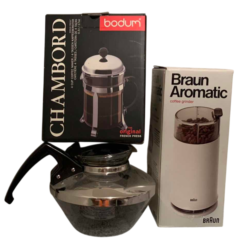 Photo 1 of 2-COFFEE FRENCH PRESSES AND A BRAUN COFFEE GRINDER