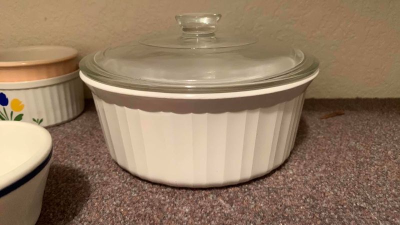Photo 1 of CORNING WARE FRENCH WHITE CASSEROLE DISH WITH LID AND ASSORTED COOKWARE
