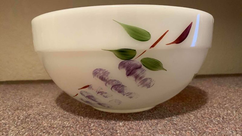 Photo 1 of ANCHOR HOCKING HAND PAINTED FIRE-KING GAY FAD FRUIT MILK GLASS MIXING BOWL 8 3/4”