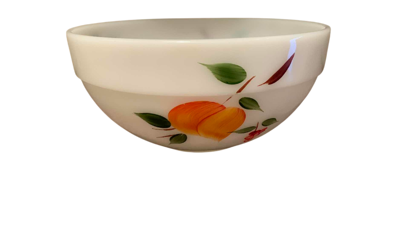 Photo 1 of ANCHOR HOCKING HAND PAINTED FIRE-KING GAY FAD FRUIT MILK GLASS MIXING BOWL 8 3/4”