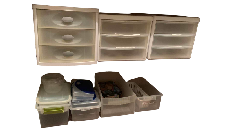 Photo 1 of ASSORTED PLASTIC STORAGE BOXES AND DRAWERS