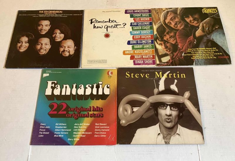 Photo 1 of 5-VINTAGE RECORD ALBUMS: 5TH DIMENSION , MONKEES, STEVE MARTIN, AND COMPILATIONS