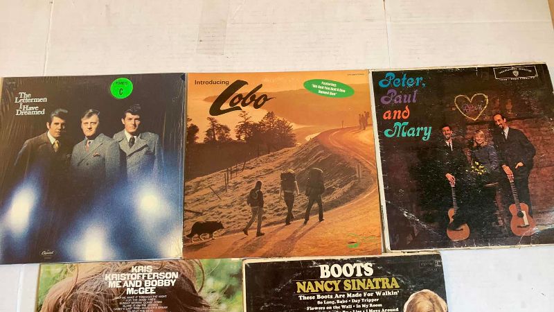 Photo 1 of 5-VINTAGE RECORD ALBUMS: THE LETTERMAN, LOBO, PETER, PAUL AND MARY, KRIS KRISTOPHERSON, AND NANCY SINATRA
