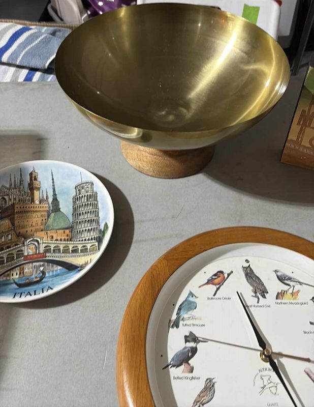 Photo 1 of HOME DECOR BIRD CLOCK, BOWL, AND OTHER ITEMS