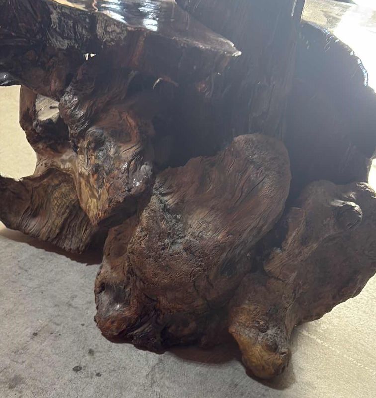 Photo 1 of VINTAGE HAND CARVED KNOTTY WOOD SIDE TABLE 24”X 27”X 23”H