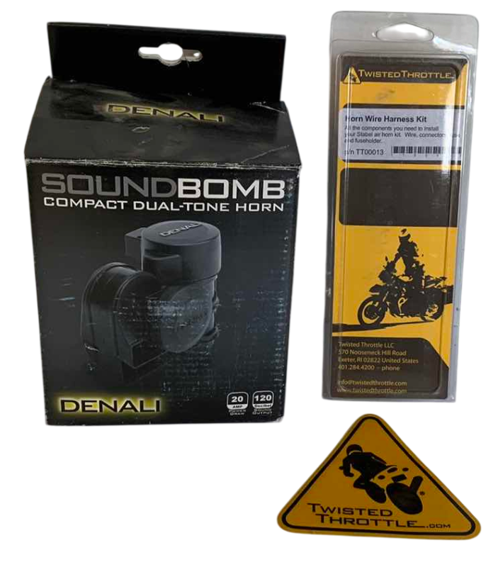 Photo 1 of DENALI SOUND BOMB COMPACT DUAL TONE AIR HORN & TWISTED THROTTLE MOTORCYCLE HORN WIRING HARNESS KIT
