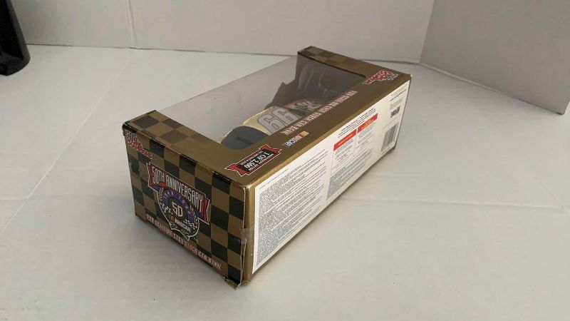 Photo 1 of NASCAR 50TH ANNIVERSARY JEFF BURTON NUMBER 99 RACING CHAMPIONS 124 SCALE DIECAST STOCK CAR BANK 1/2500