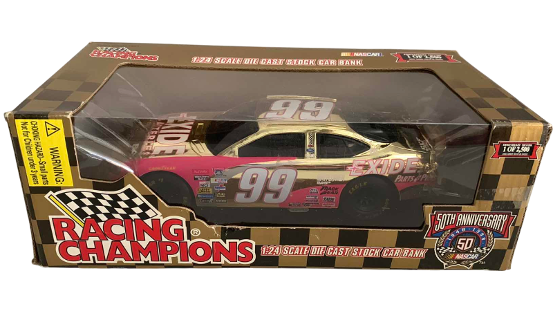 Photo 1 of NASCAR 50TH ANNIVERSARY JEFF BURTON NUMBER 99 RACING CHAMPIONS 124 SCALE DIECAST STOCK CAR BANK 1/2500