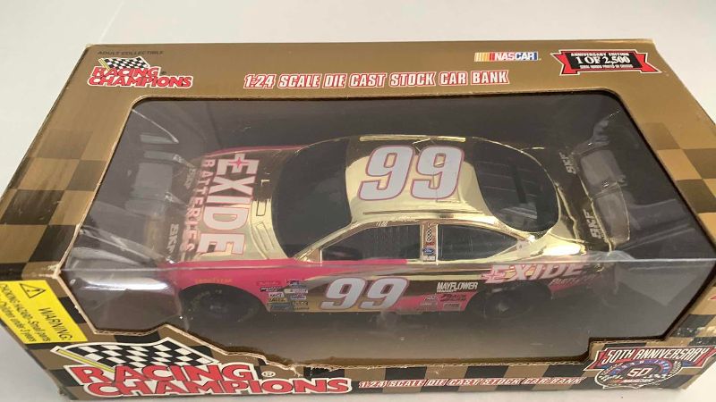 Photo 1 of NASCAR 50TH ANNIVERSARY JEFF BURTON NUMBER 99 RACING CHAMPIONS 124 SCALE DIECAST STOCK CAR BANK 1/2500
