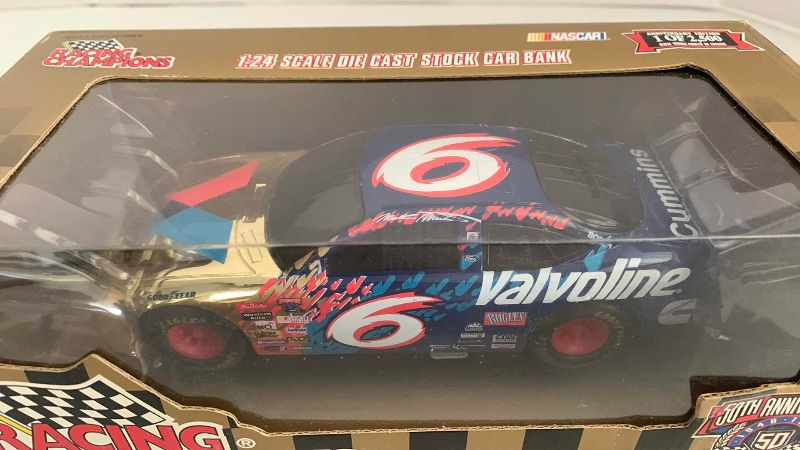 Photo 1 of NASCAR 50TH ANNIVERSARY MARK MARTIN NUMBER 6 RACING CHAMPIONS 1/24 SCALE DIECAST STOCK CAR BANK 1/2500