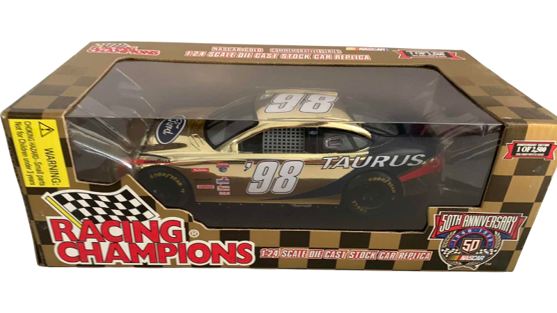 Photo 1 of NASCAR 50TH ANNIVERSARY FORD TAURUS NUMBER 98 RACING CHAMPIONS 1/24 SCALE DIECAST STOCK CAR BANK 1/2500