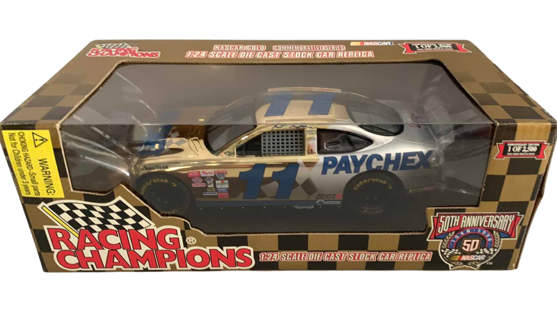 Photo 1 of NASCAR 50TH ANNIVERSARY BRETT BODINE NUMBER 11 RACING CHAMPIONS 124 SCALE DIECAST STOCK CAR BANK 1/2500