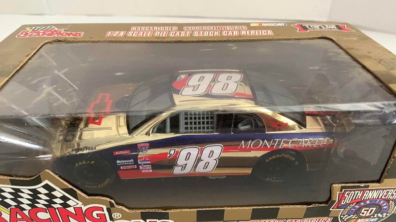 Photo 1 of NASCAR 50TH ANNIVERSARY MONTE CARLO NUMBER 98 RACING CHAMPIONS 1/24 SCALE DIECAST STOCK CAR BANK 1/2500
