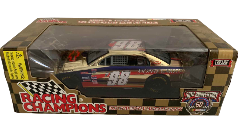 Photo 1 of NASCAR 50TH ANNIVERSARY MONTE CARLO NUMBER 98 RACING CHAMPIONS 1/24 SCALE DIECAST STOCK CAR BANK 1/2500