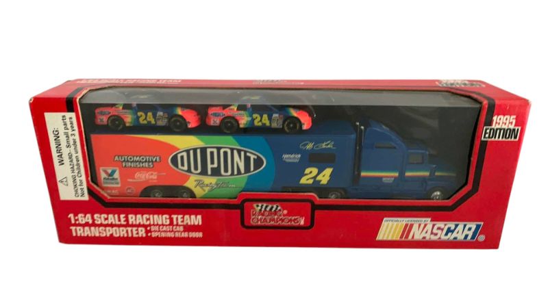 Photo 1 of NASCAR RACING CHAMPIONS 1995 1/64 SCALE RACING TEAM TRANSPORTER WITH TWO CARS JEFF GORDON NUMBER 24