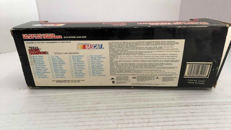 Photo 1 of NASCAR RACING CHAMPIONS 1/64 SCALE RACING TEAM TRANSPORTER WITH CAR JEFF CORDEN NUMBER 1