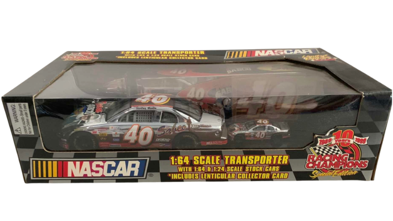 Photo 1 of NASCAR RACING CHAMPIONS 10TH ANNIVERSARY 1/64 SCALE TRANSPORTER WITH 1/64 AND ONE 1/24 SCALE STOCK CAR STERLING MARTIN NUMBER 40 1/5000