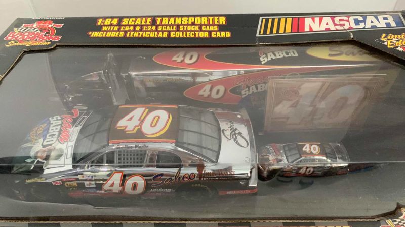 Photo 1 of NASCAR RACING CHAMPIONS 10TH ANNIVERSARY 1/64 SCALE TRANSPORTER WITH 1/64 AND ONE 1/24 SCALE STOCK CAR STERLING MARTIN NUMBER 40 1/5000