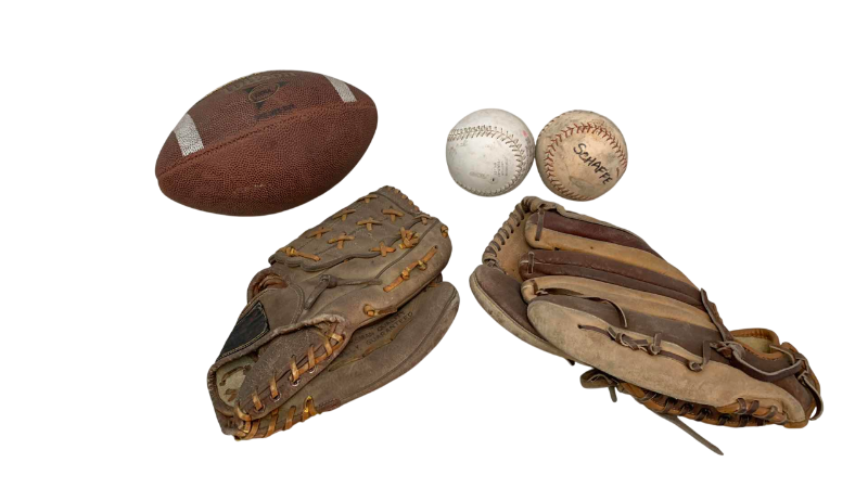 Photo 1 of 2-BASEBALL GLOVES, 2-SOFTBALLS, AND A JR. FOOTBALL