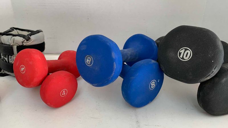 Photo 1 of LEG WEIGHTS AND 3-DUMBBELL SETS 4,8,10 POUNDS