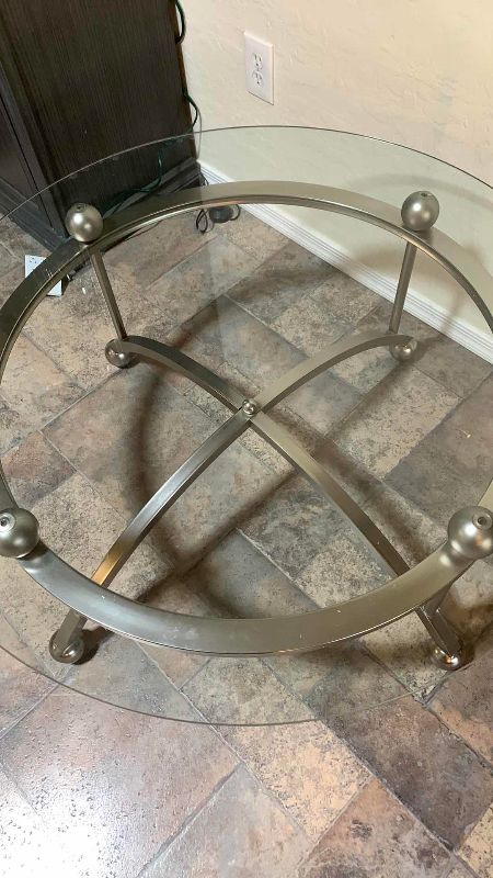 Photo 1 of VINTAGE MODERN GLASS AND METAL COFFEE TABLE 37” X 37” H 19”