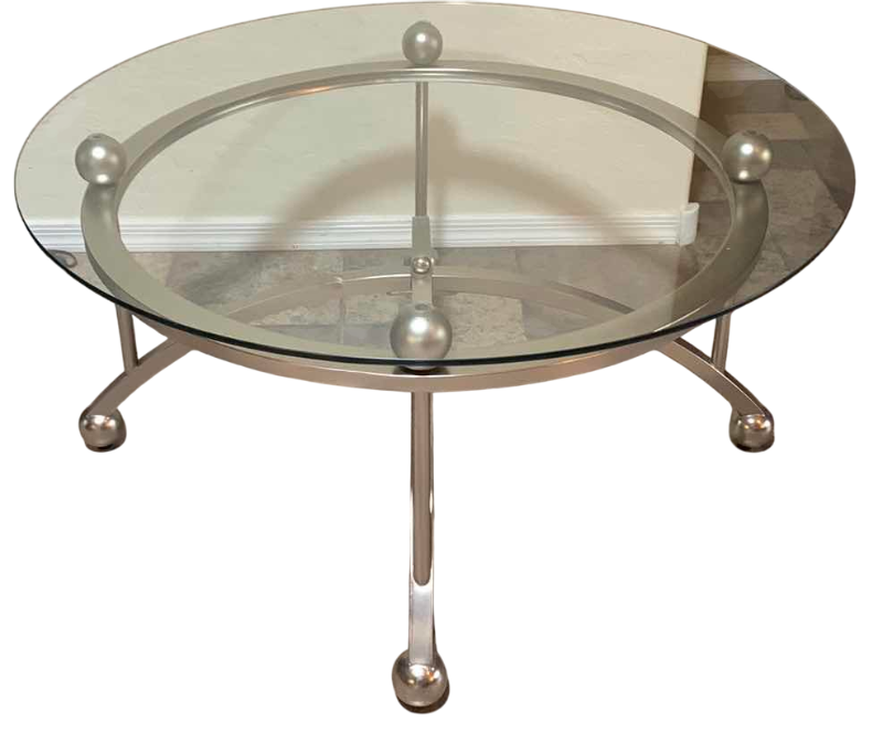 Photo 1 of VINTAGE MODERN GLASS AND METAL COFFEE TABLE 37” X 37” H 19”