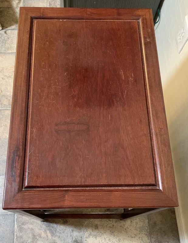 Photo 1 of HAND CARVED ASIAN WOOD NESTING TABLES STACKING TABLES SET OF 4 20” X 14” H X 26”