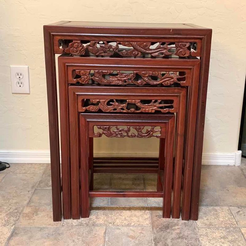 Photo 1 of HAND CARVED ASIAN WOOD NESTING TABLES STACKING TABLES SET OF 4 20” X 14” H X 26”