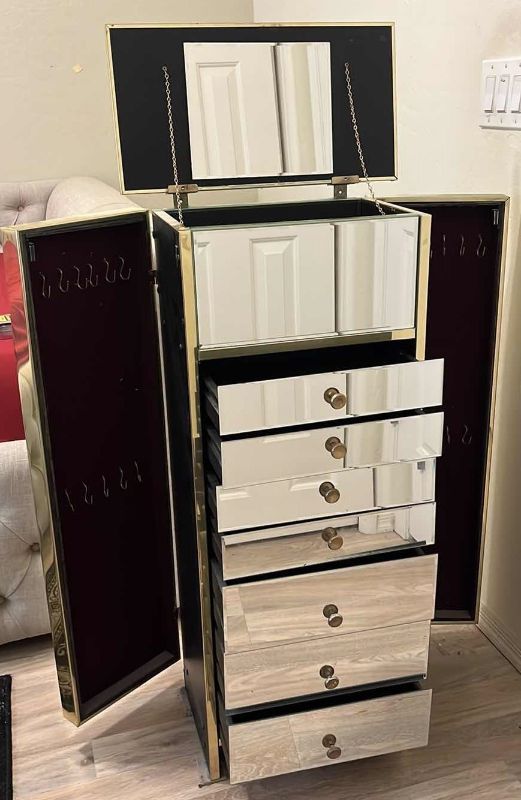 Photo 1 of MODERN BRASS MIRRORED ARMOIRE JEWELRY VANITY 1970S 10.5” X 40” H X 25”