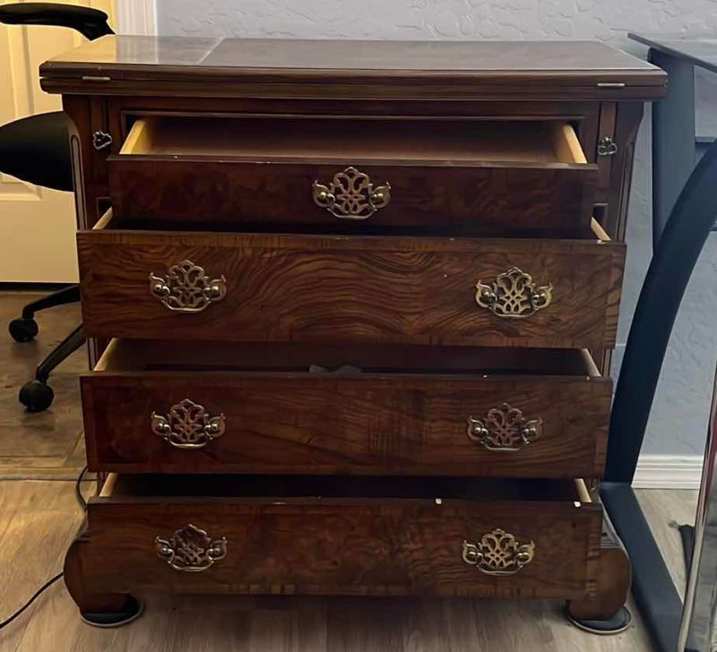 Photo 1 of CHIPPENDALE STYLE MAHOGANY FINISH 4 DRAWER SIDE DRESSER 39" X 19" H 34"