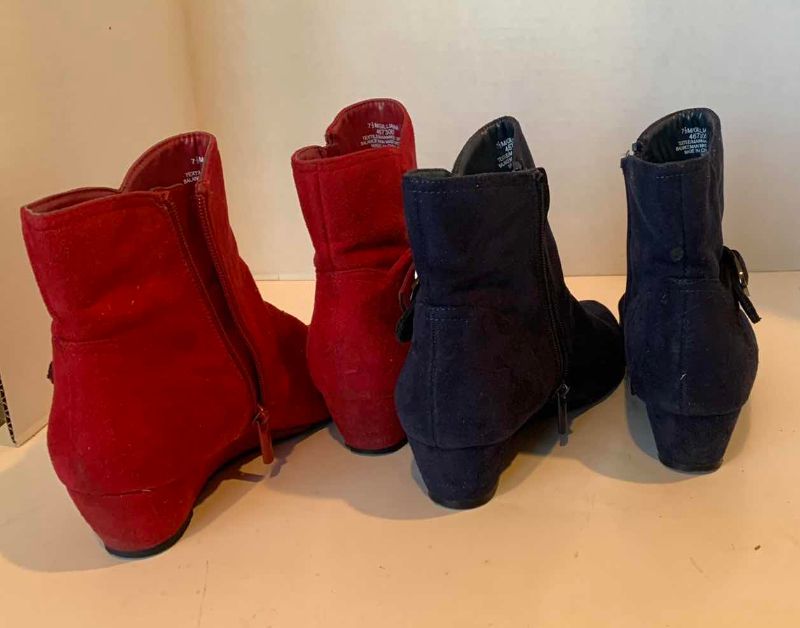 Photo 1 of RED AND NAVY SUEDE WEDGE BOOTIES SIZE 7.5