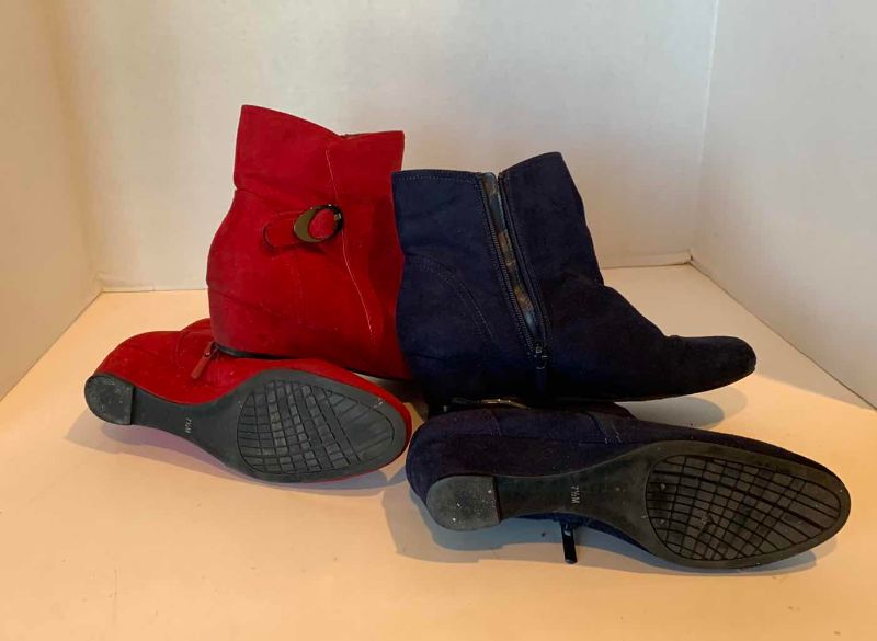 Photo 1 of RED AND NAVY SUEDE WEDGE BOOTIES SIZE 7.5
