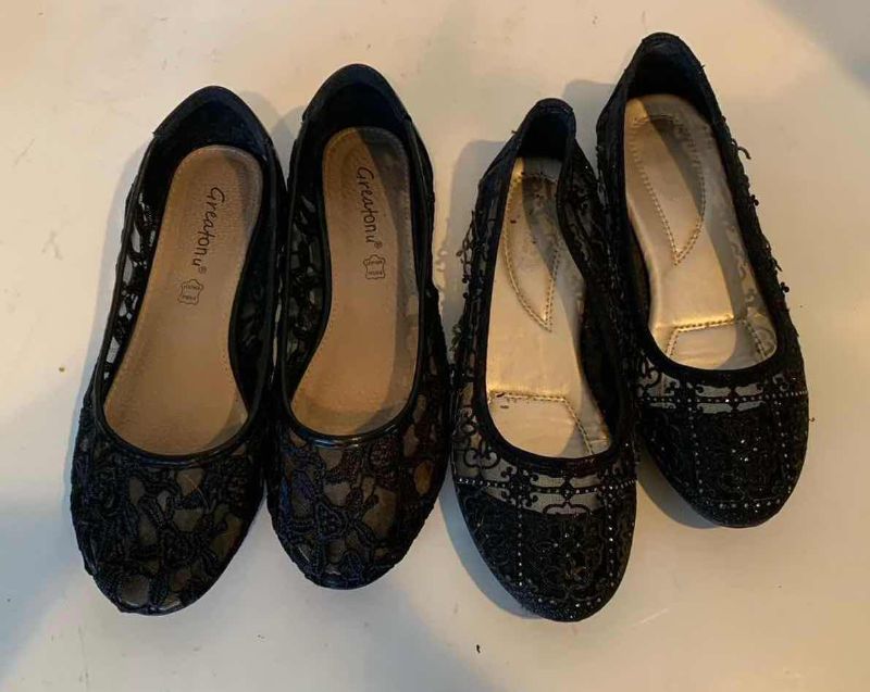 Photo 1 of 2 PAIRS-WOMEN'S  BLACK LACE & MESH FLATS (SIZE 7.5 & 8)