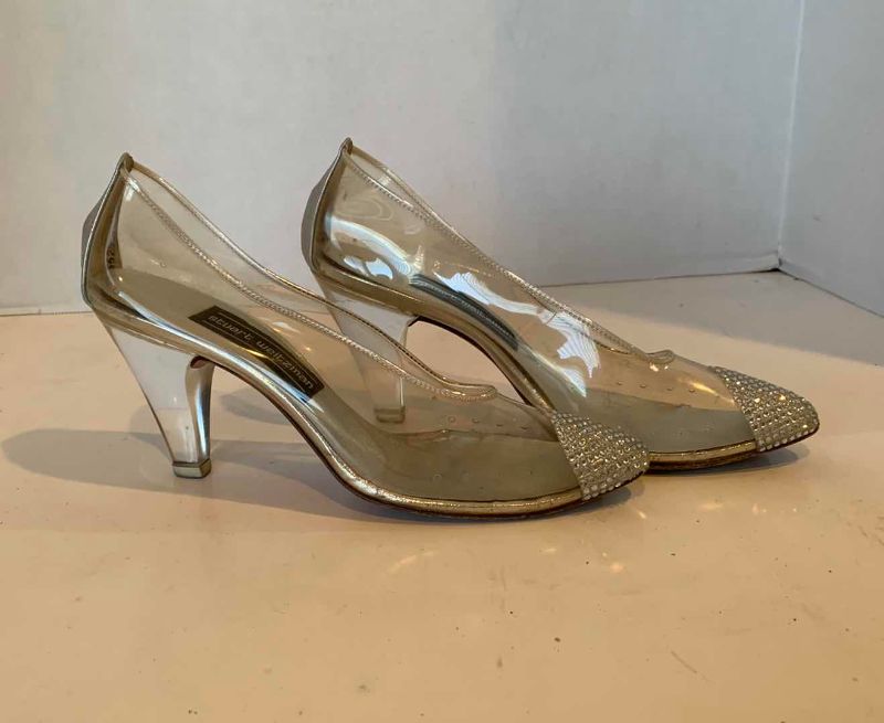 Photo 1 of WOMEN'S CLEAR RHINESTONE “GLASS SLIPPERS" VINTAGE STUART WEITZMAN HEELS (APPROX SIZE 6-7)
