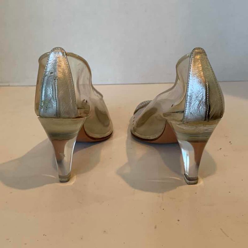 Photo 1 of WOMEN'S CLEAR RHINESTONE “GLASS SLIPPERS" VINTAGE STUART WEITZMAN HEELS (APPROX SIZE 6-7)
