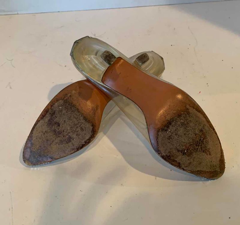 Photo 1 of WOMEN'S CLEAR RHINESTONE “GLASS SLIPPERS" VINTAGE STUART WEITZMAN HEELS (APPROX SIZE 6-7)
