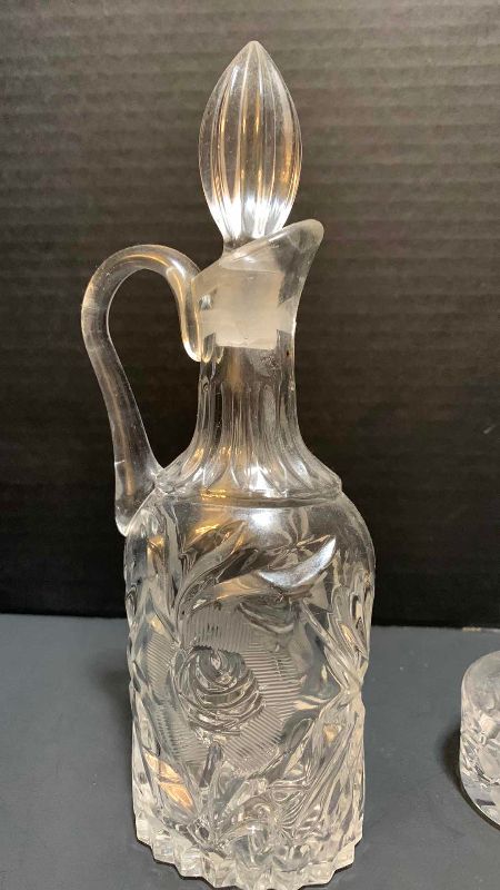 Photo 1 of 2-CRYSTAL CRUETTES AND A CRYSTAL PERFUME BOTTLE
