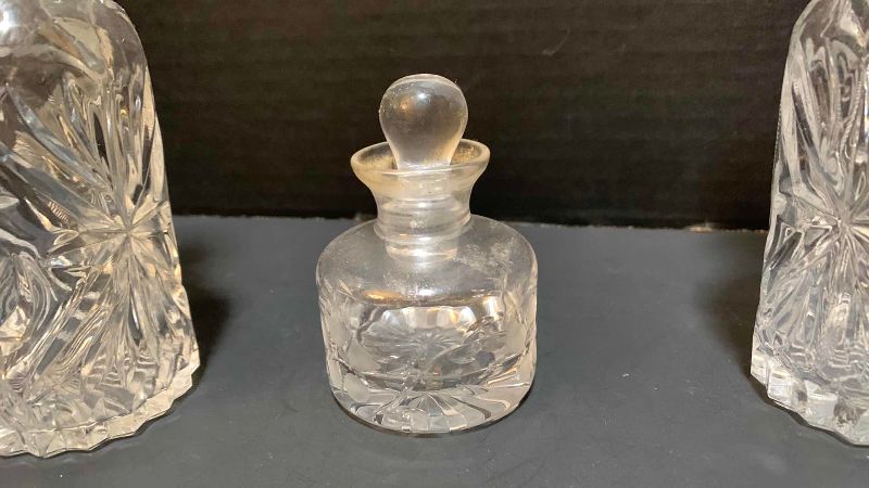 Photo 1 of 2-CRYSTAL CRUETTES AND A CRYSTAL PERFUME BOTTLE
