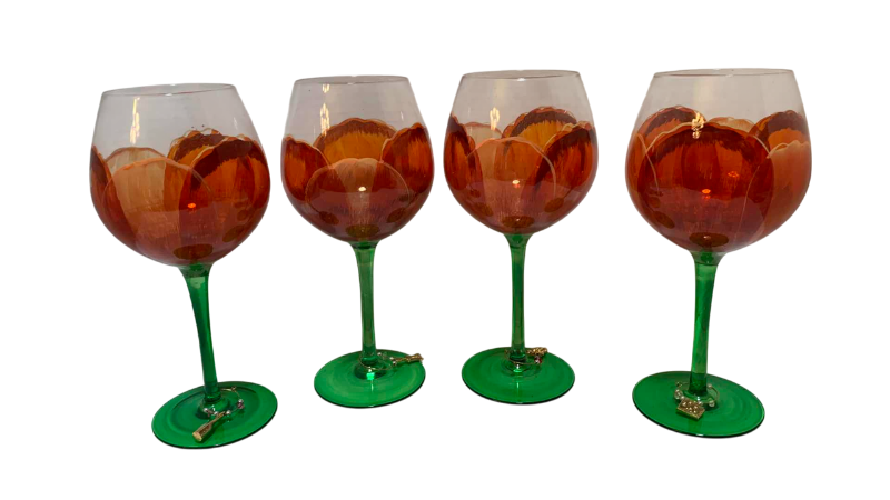 Photo 1 of 4-HAND PAINTED POPPY FLORAL DESIGN WINE GLASSES