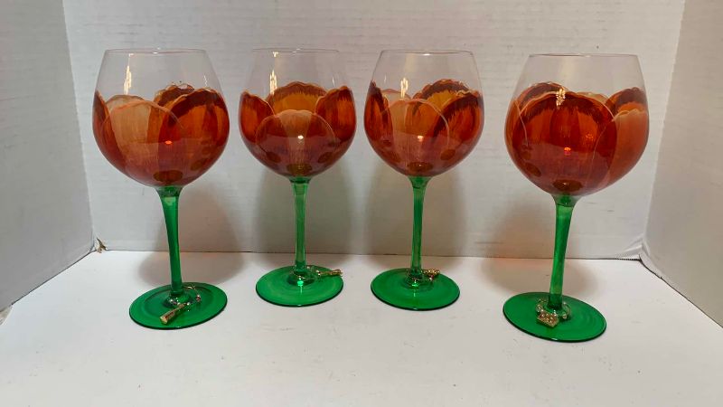 Photo 1 of 4-HAND PAINTED POPPY FLORAL DESIGN WINE GLASSES