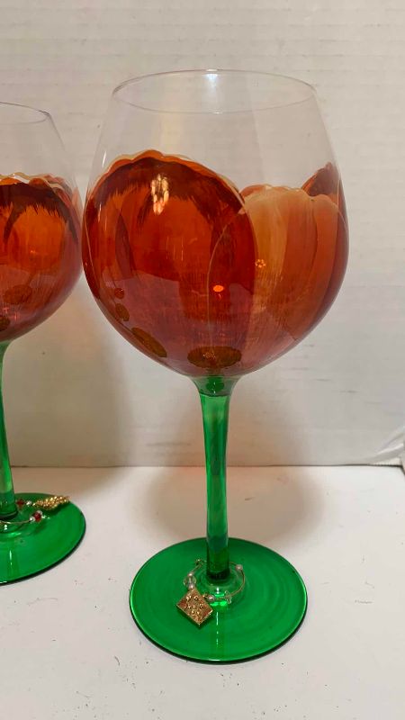 Photo 1 of 4-HAND PAINTED POPPY FLORAL DESIGN WINE GLASSES