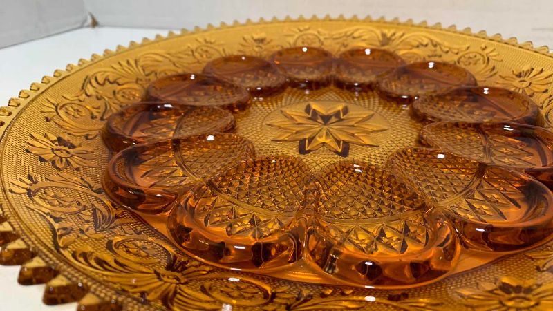 Photo 1 of AMBER INDIANA TIARA AMBER DEVILED EGG GLASS SERVING PLATTER 12”